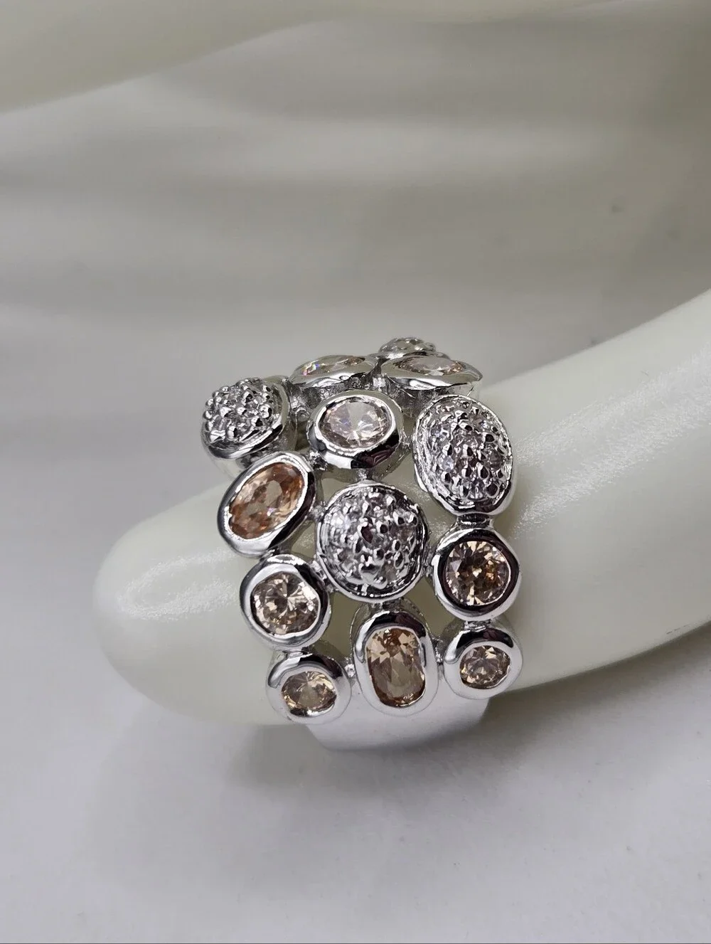 Swarovski Crystal Elements Silver Statement Ring Champagne Size 7 Wide Band